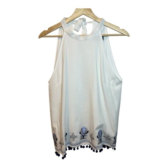 Blue Rain Francesca’s Sleeveless Top Size Large Tie Embroidery Coastal Beach - Picture 1 of 6